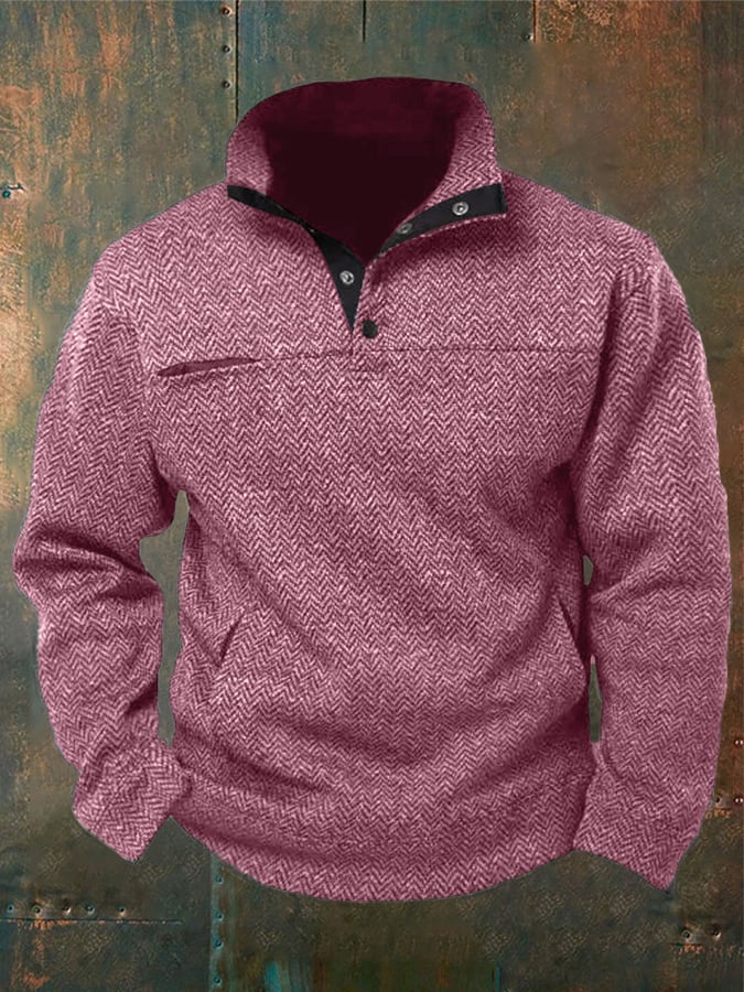 Men's Western Style Herringbone Design Patchwork Stand Collar Button Sweatshirt