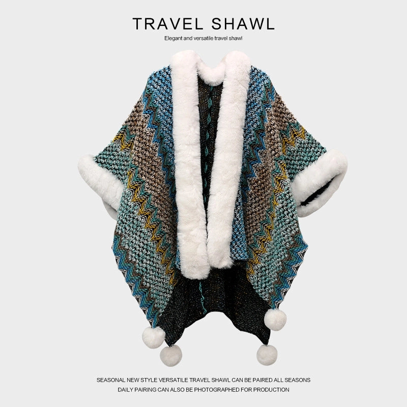 Women's Retro Multicolor Knit Patchwork Shawl