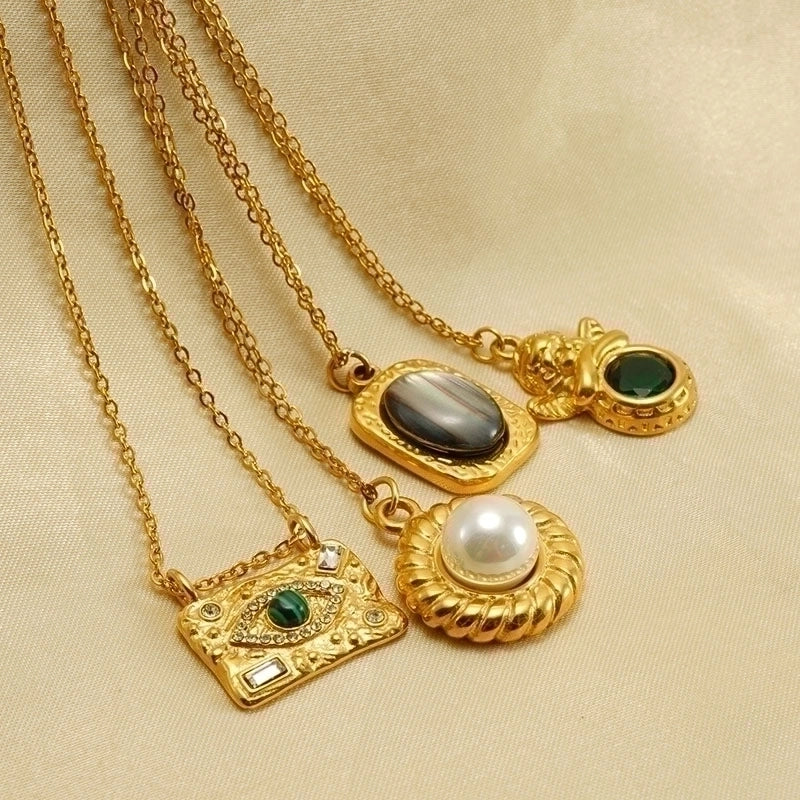 Stainless Steel 18K Gold Plated Retro Plating Inlay Oval Eye Gem Pearl Pendant Necklace Long Necklace
