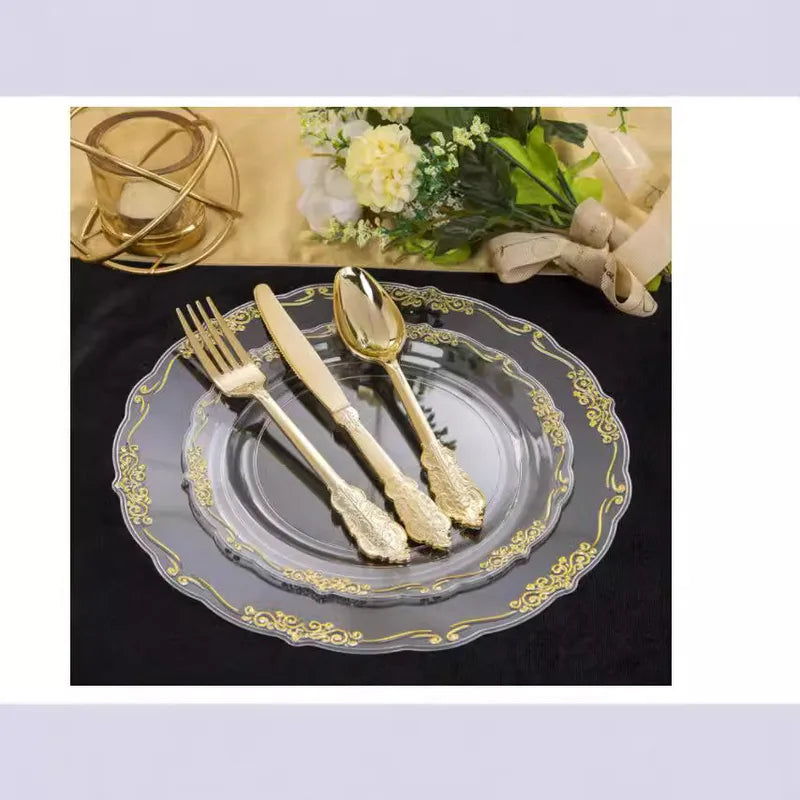 7.5-Inch 10.25-Inch Disposable Transparent Golden Edge Plate Plastic Relief Plate Golden Lace Plate Party Tableware