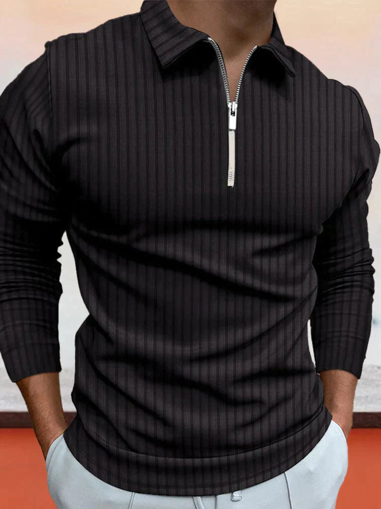 Coofandy Zipper Stripe Long Sleeve Polo Shirt