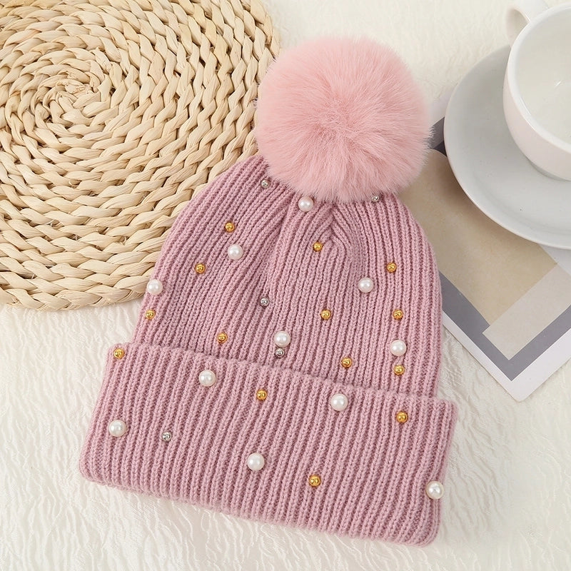 Women's Basic Sweet Minimalist Solid Color Pom Poms Pearl Eaveless Wool Cap