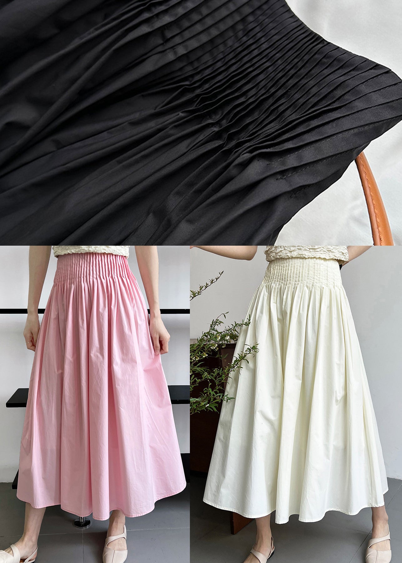 White Fine Cotton A Line Skirt High Waist Wrinkled Fall