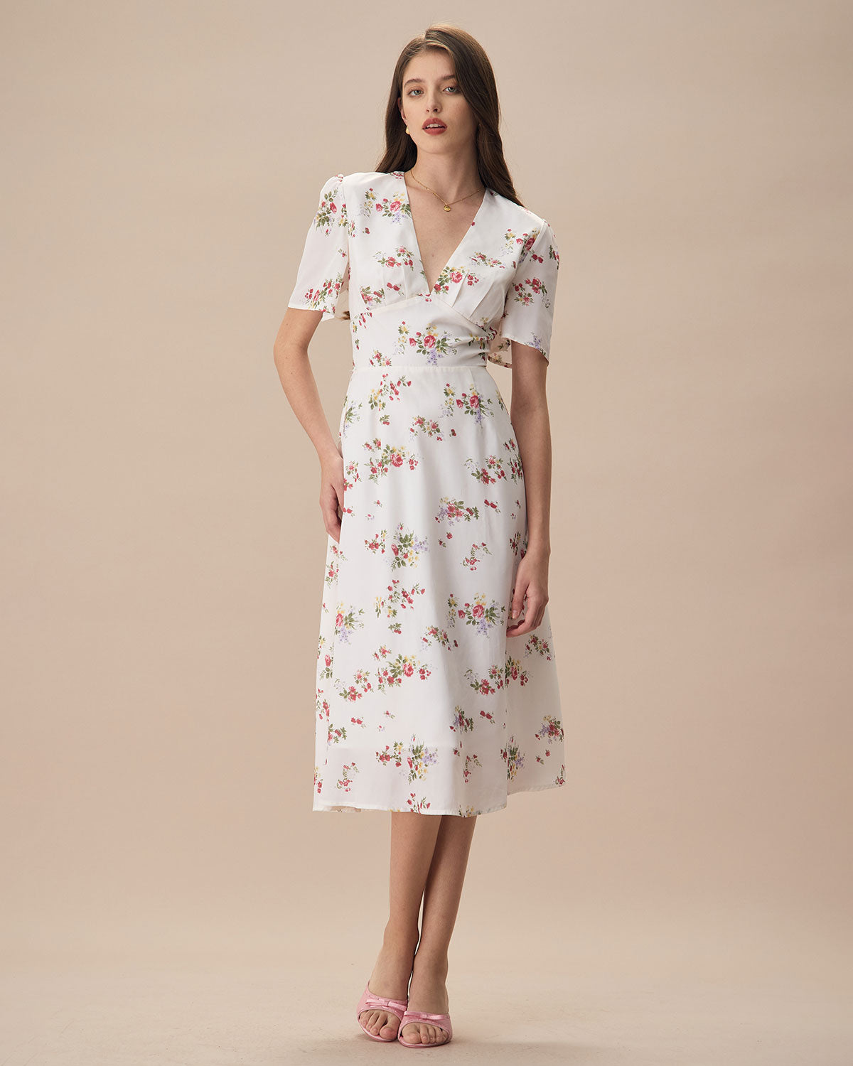 The Apricot V Neck Floral Ruched Midi Dress