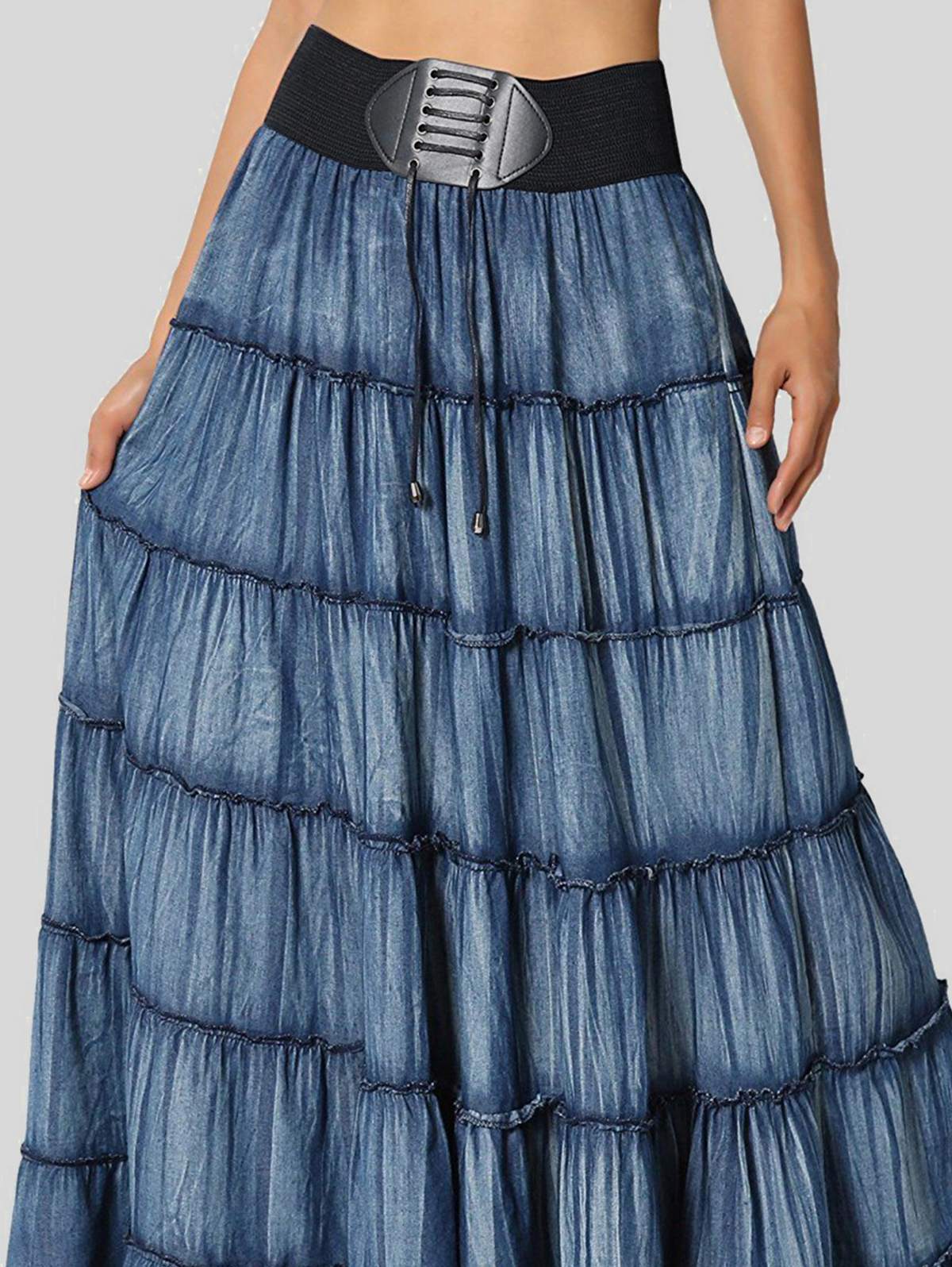 Daily Waistband Drawstring Quilted Tiered Denim Maxi Skirt