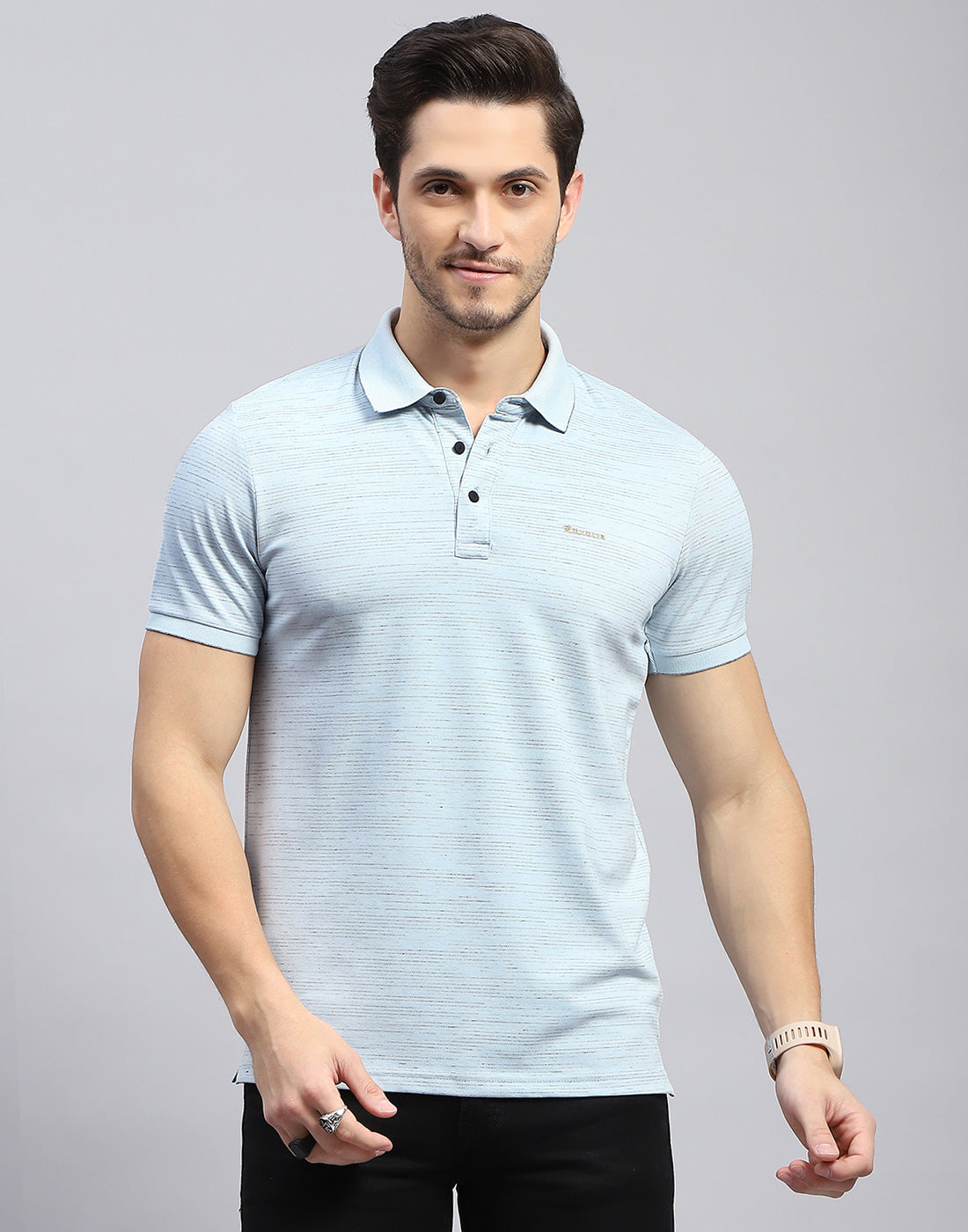 Men Sky Blue Stripe Polo Collar Half Sleeve T-Shirt