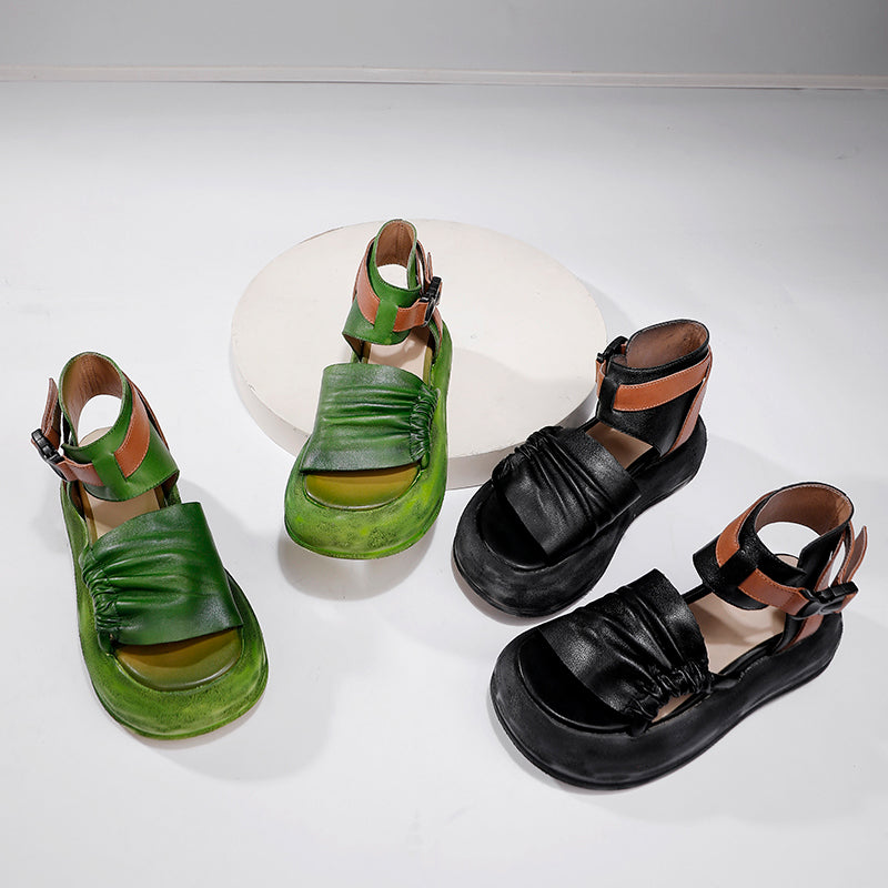 Fashion Peep Toe 65mm Platform Cowhide Slingback Sandals for Women with Buckle in Green/Black