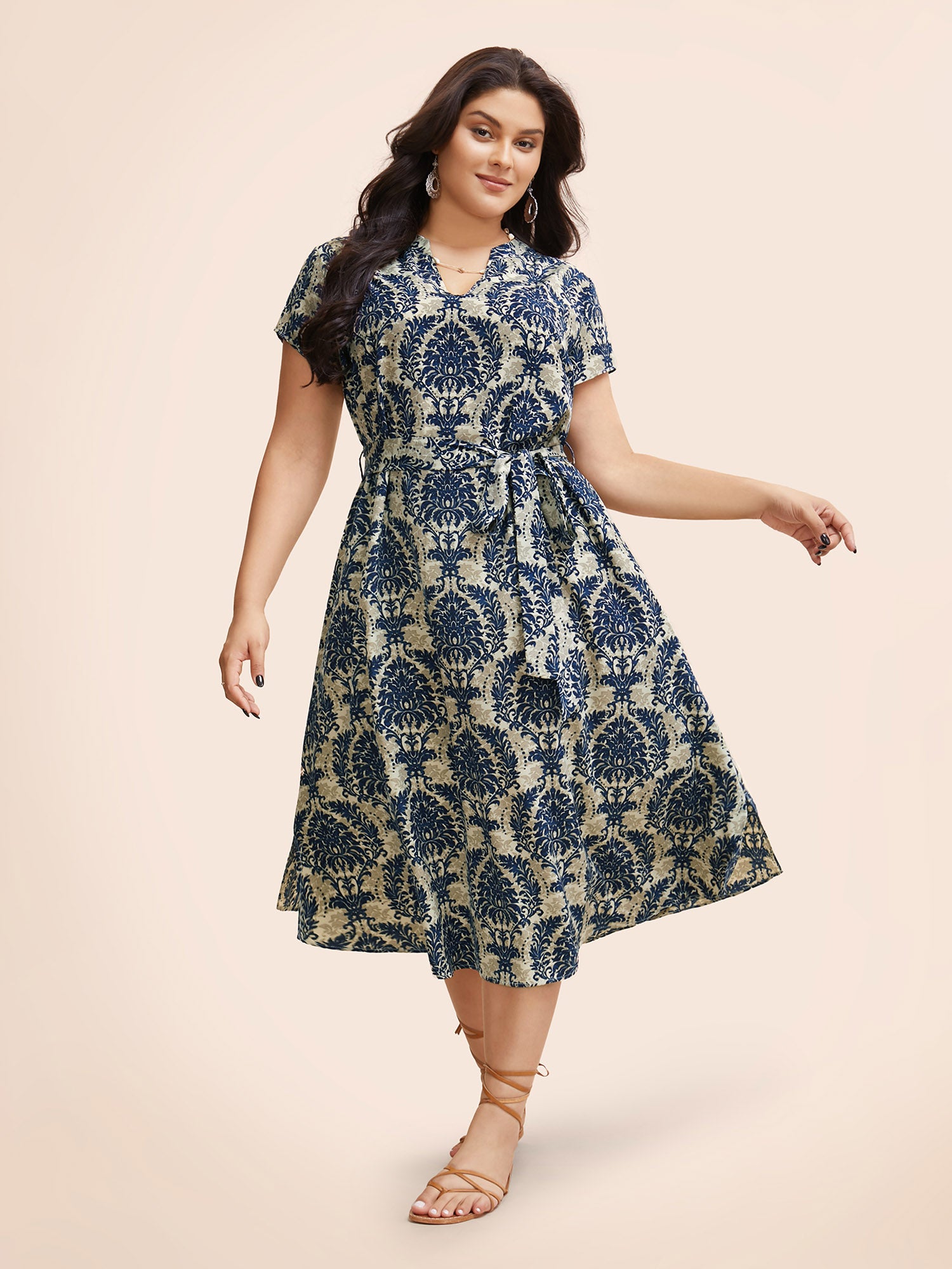 Boho Print Cap Sleeve Belted Dress