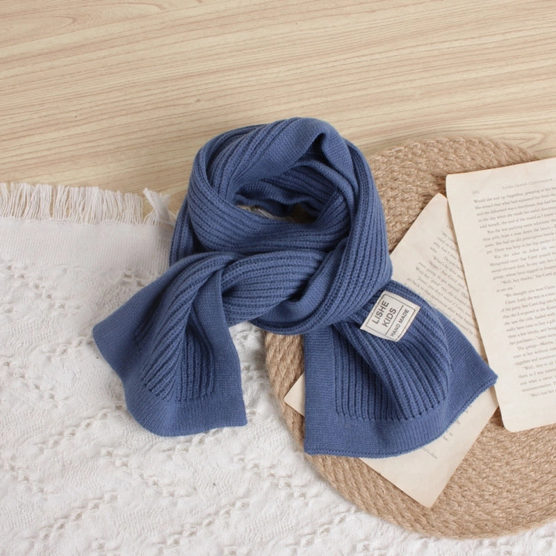 Style Solid Color Vertical Strip Large Label Children's Knitted Scarf Winter New Baby Warm Wool Scarf