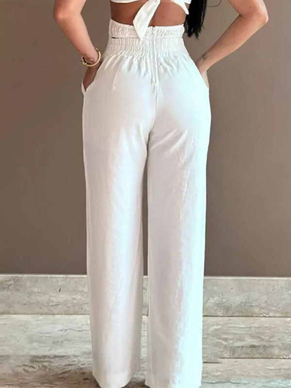 Bodycon High Waisted Elasticity Flower Shape Hollow Pockets Solid Color Tied Spaghetti-Neck Jumpsuits