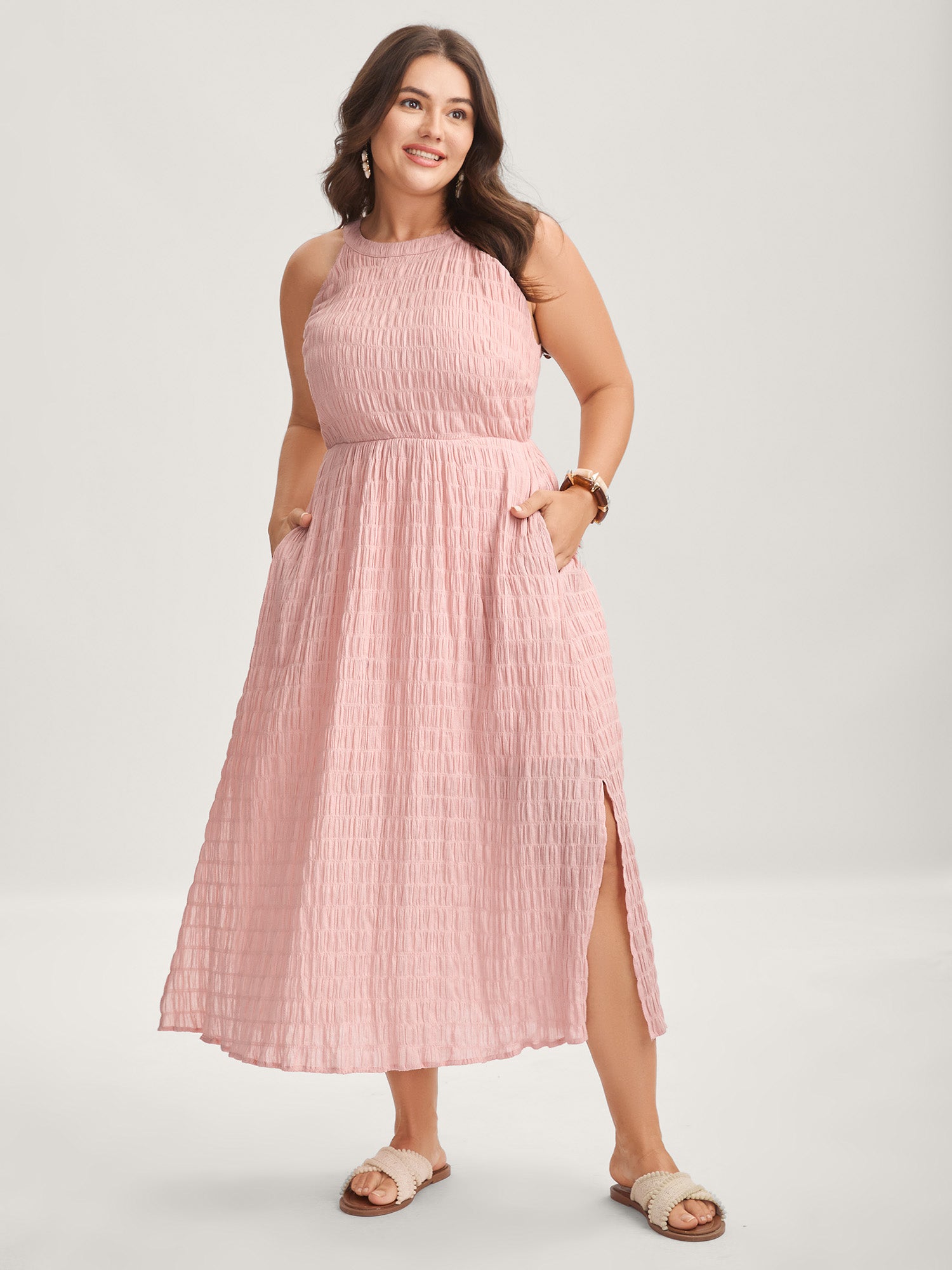 Textured Halter Neck Solid Midi Dress