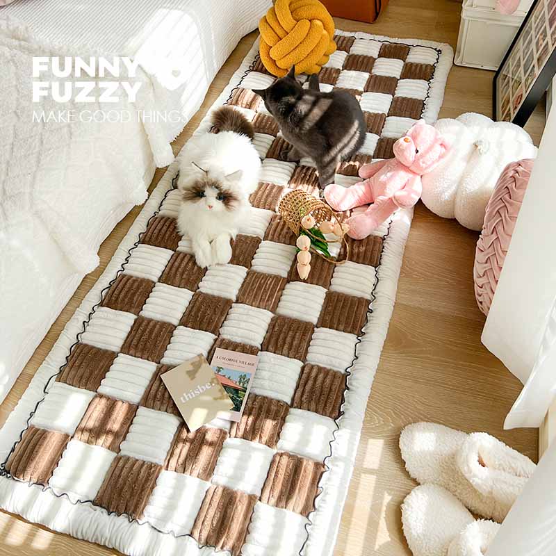 Cream-colored Large Plaid Square Fuzzy Pet Mat Bed Couch Cover