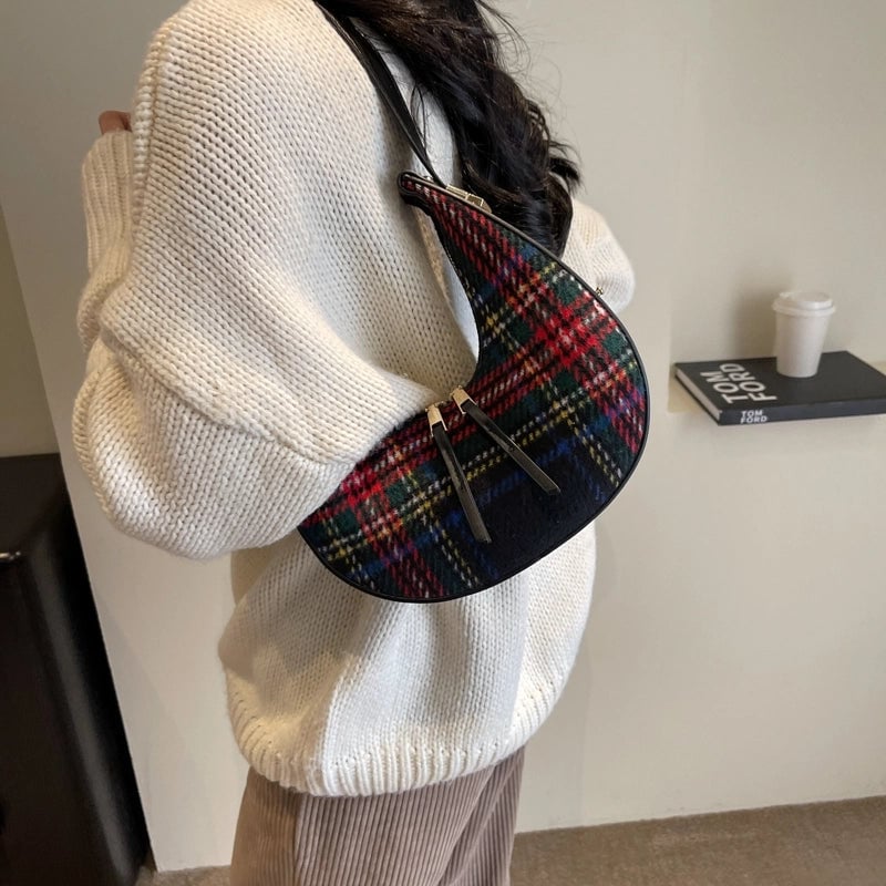 Women's Woolen Lattice Classic Style Sewing Thread Dumpling Shape Zipper Shoulder Bag