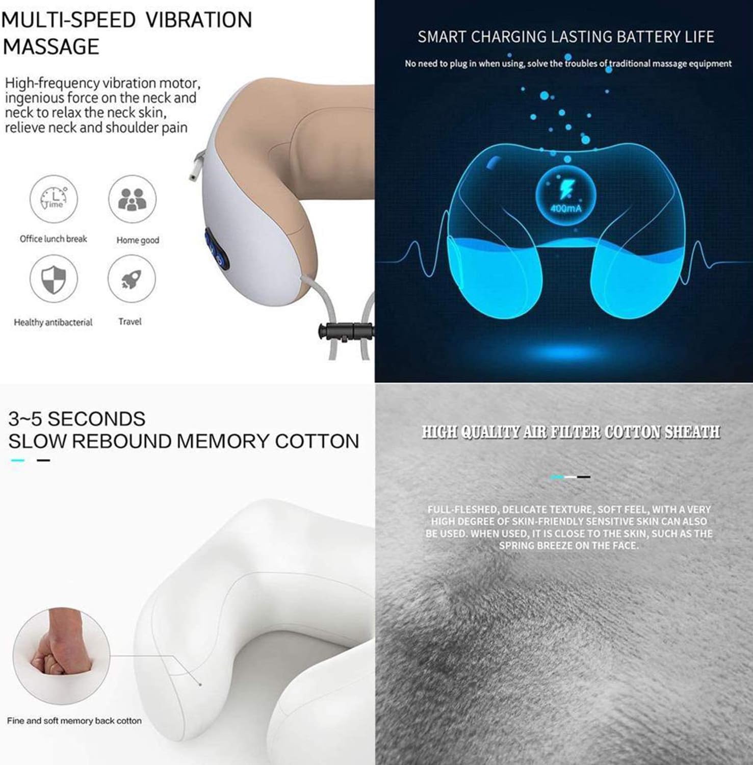 Portable Electric Neck Massager Soft Comfortable Breathable U-Shaped Foam Massage Neck Pillow