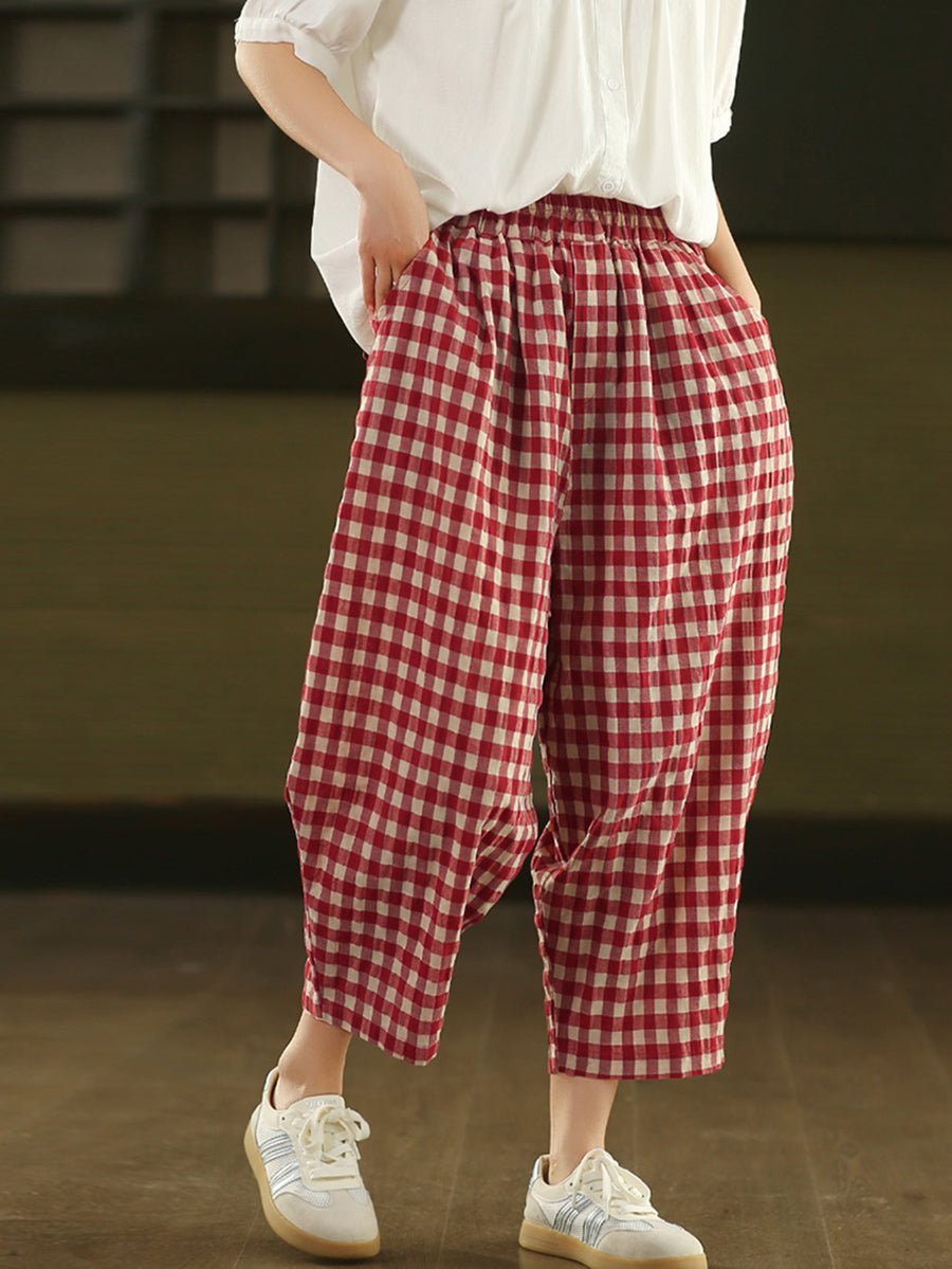 Women Retro Plaid Linen Cotton Harem Pants