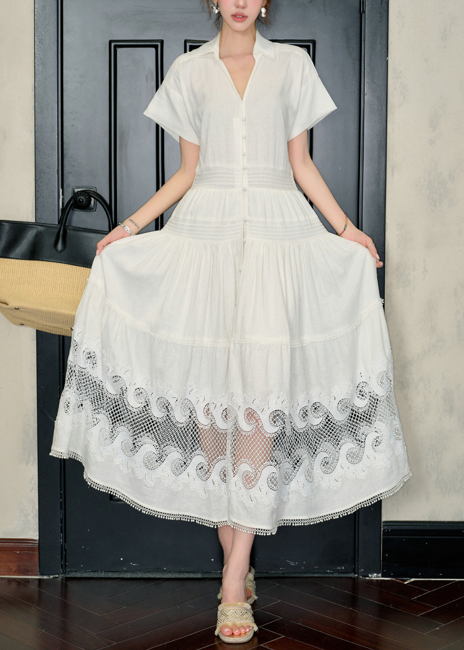 French White Peter Pan Collar Hollow Out Cotton Shirts Dress Summer