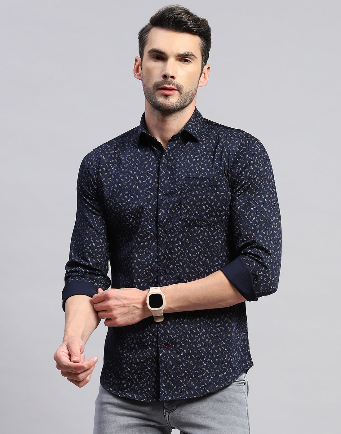 Men Navy Blue Printed Collar Neck Full Sleeve Shirt