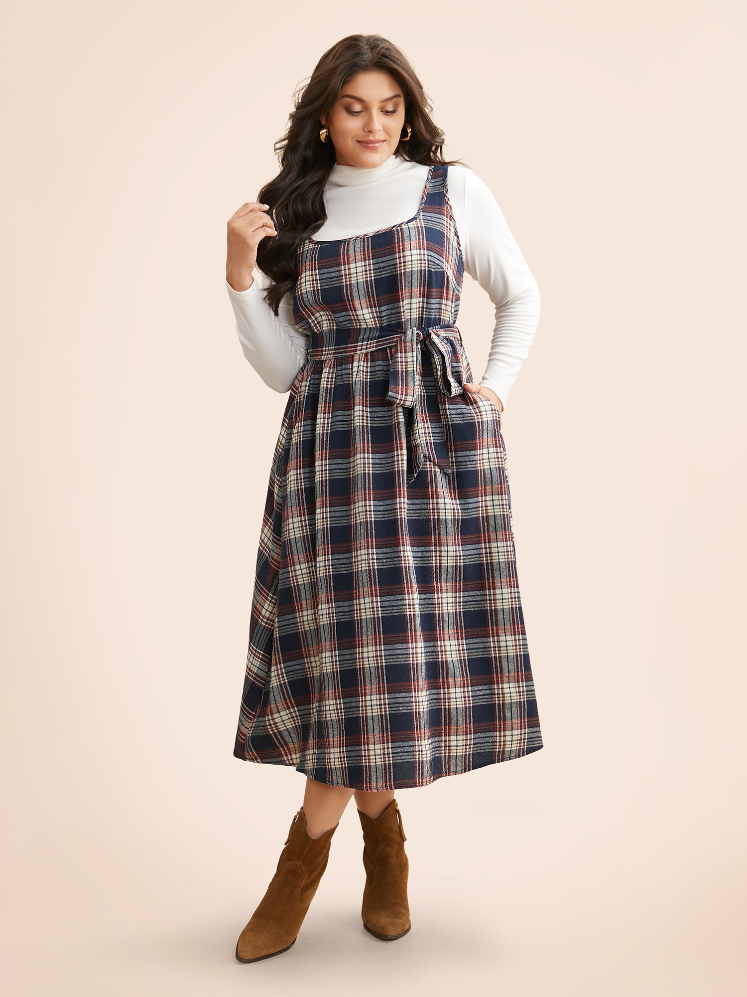 Square Neck Plaid Belted Dress