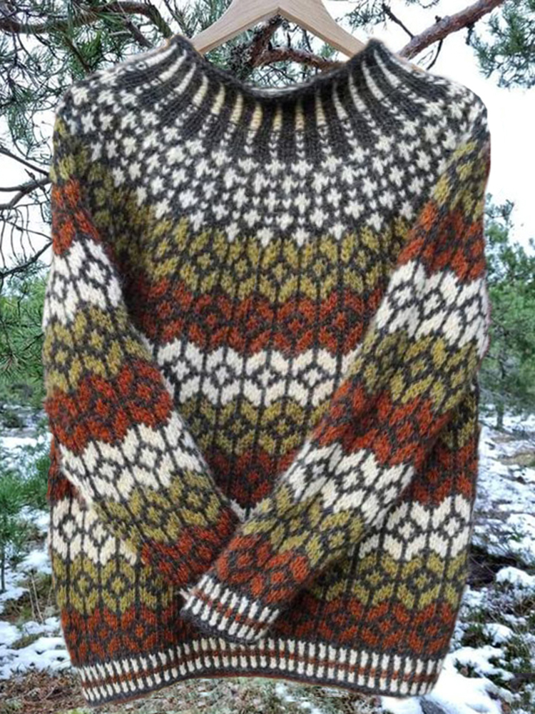 Unisex Vintage Icelandic Contrast Colors Knit Jacquard Warmth Crew Neck Sweater