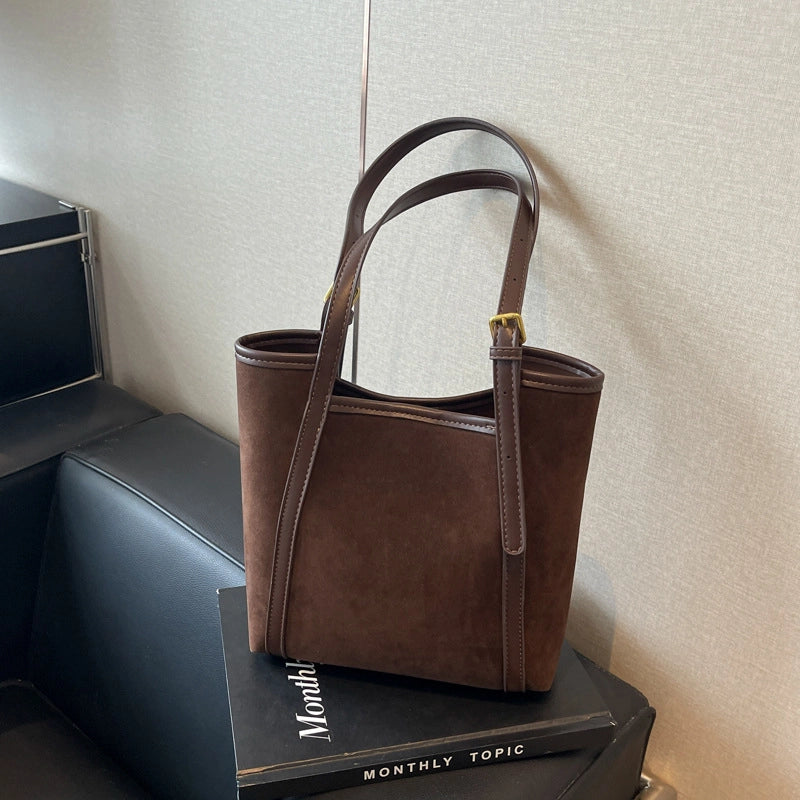 Women's Pu Leather Solid Color Basic Sewing Thread Bucket Magnetic Buckle Shoulder Bag Handbag Tote Bag