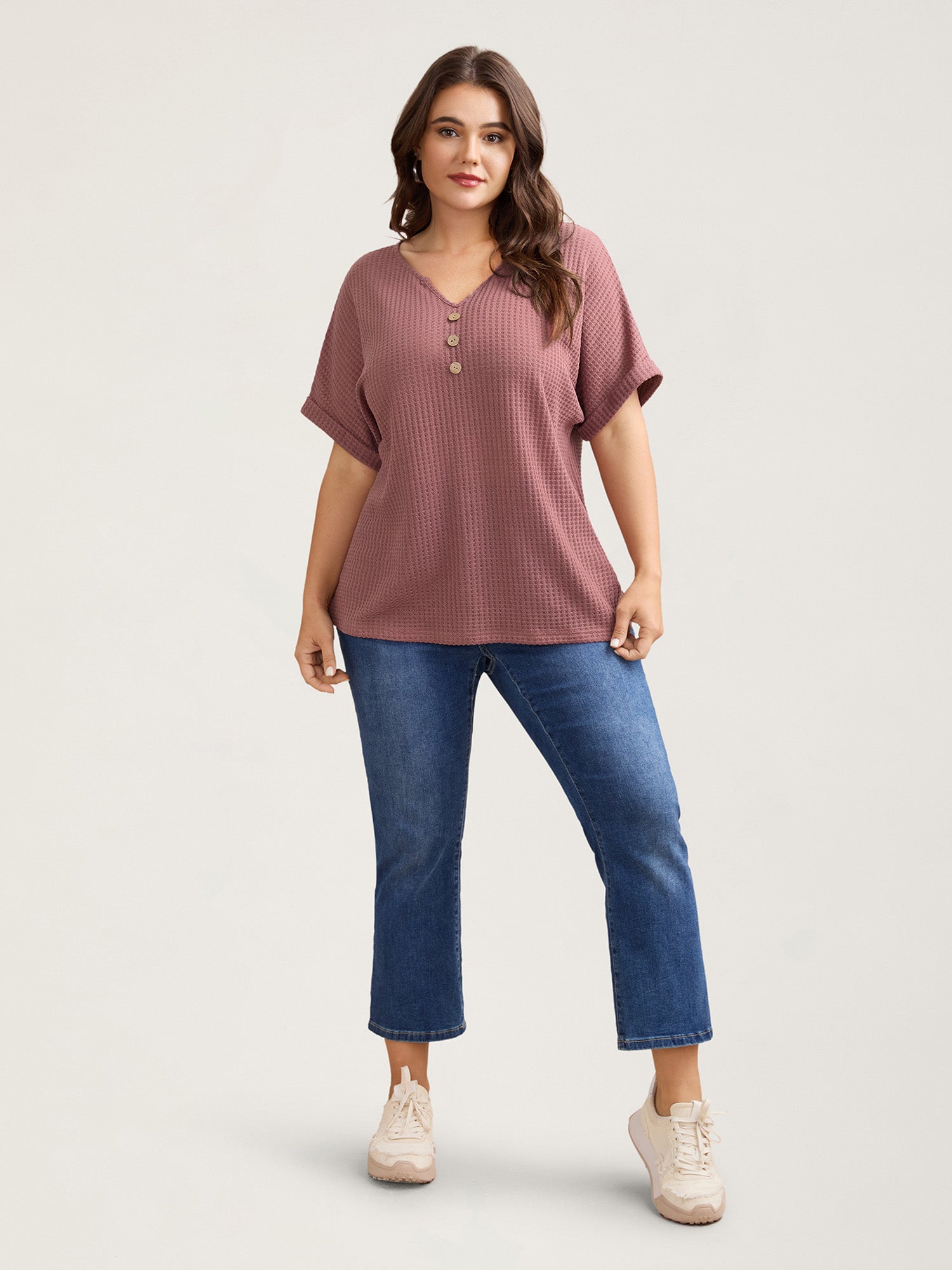Waffle Knit Stretchy Button Split Neck T-Shirt