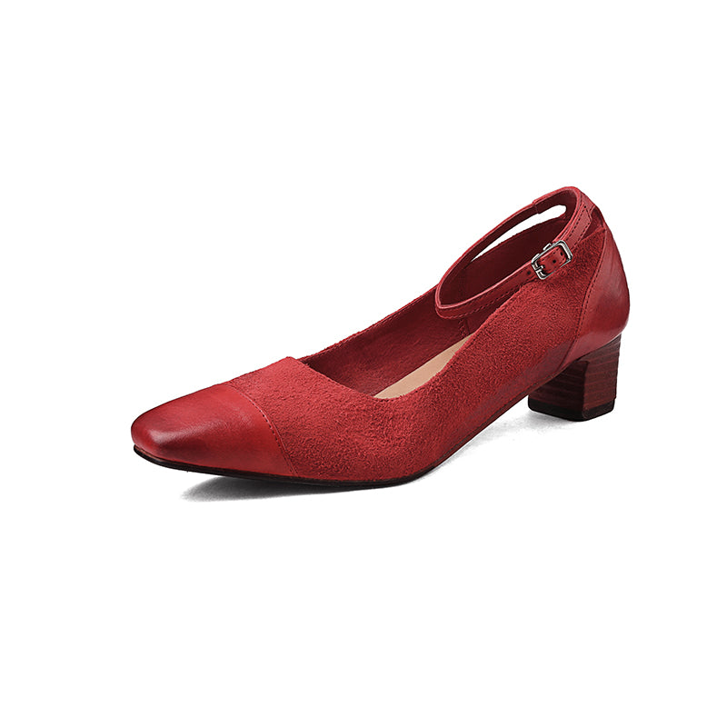Elegant Washed Horsehide 45mm Block Heel Suede Mary Jane Shoes in Black/Red