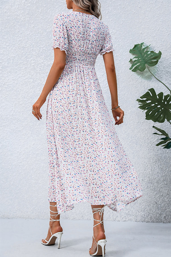 Fashion V Neck Smocked Chest Floral Print Maxi Dress