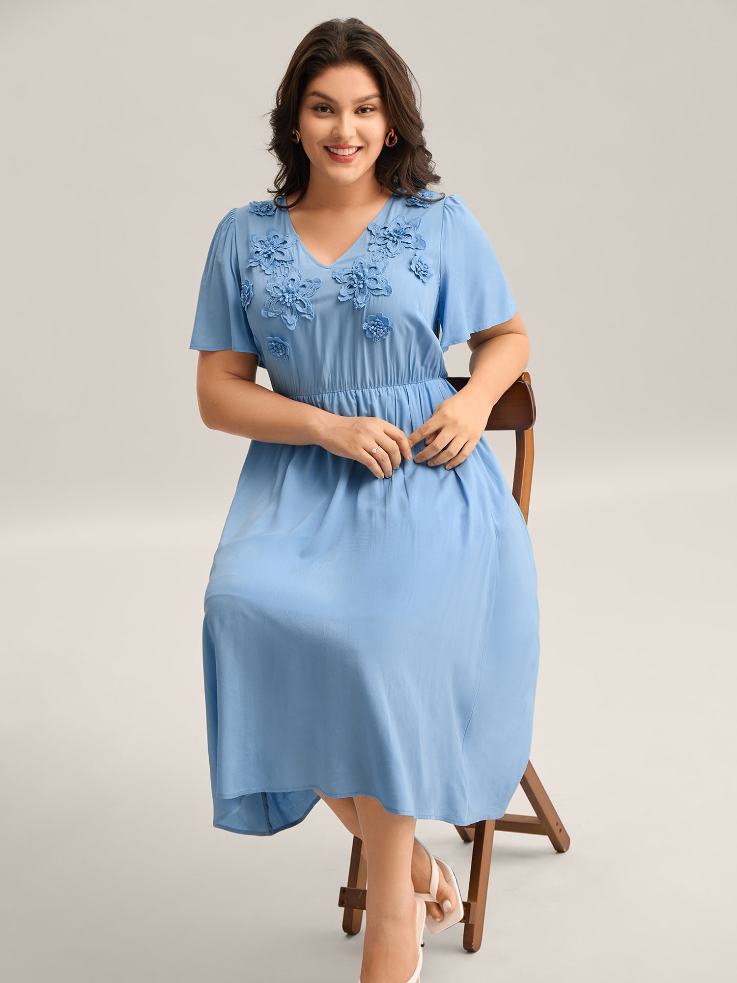Rayon Floral Detail Cinched-Waist Midi Dress