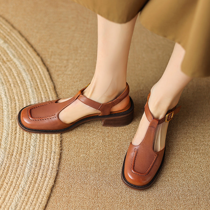 Handmade Leather Square Toe Closed-Toe T-Strap Slingback Sandals for Summer in Beige Apricot/Coconut Brown