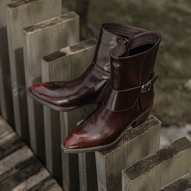 Western Boots Mid Calf Boots Block Heel - Black/Red Cowgirl Boots All Genuine Leather