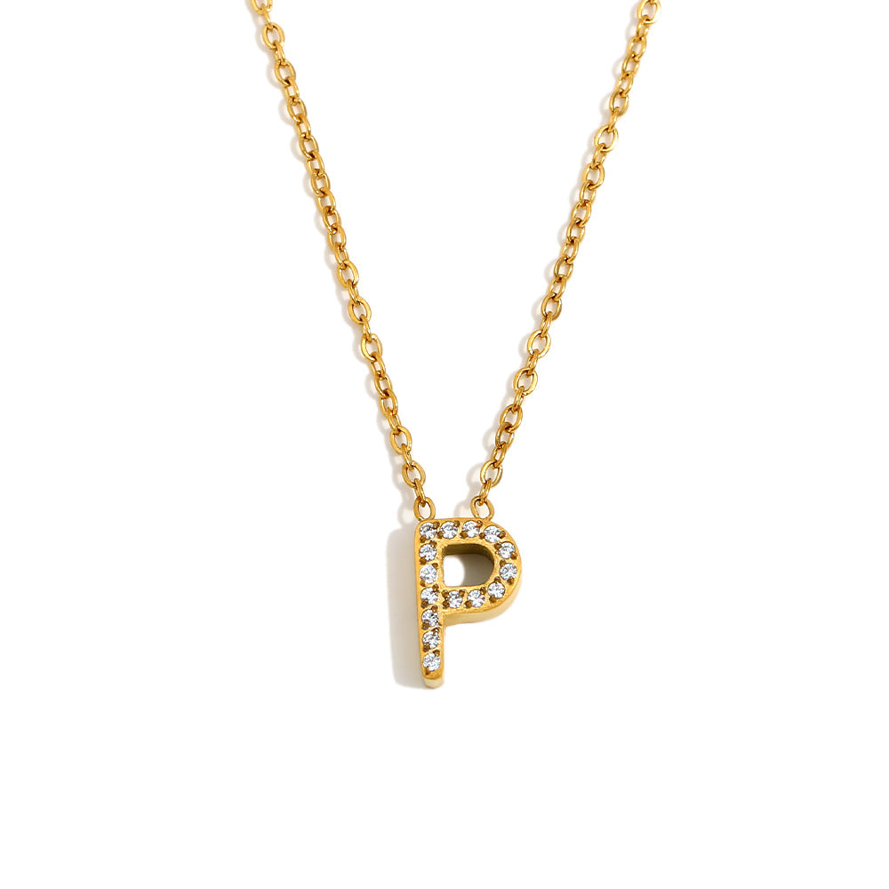 Fashionable And Simple 26 English Letter Pendant Stainless Steel Plated 18K Gold Diamond Small Letter Necklace For Women