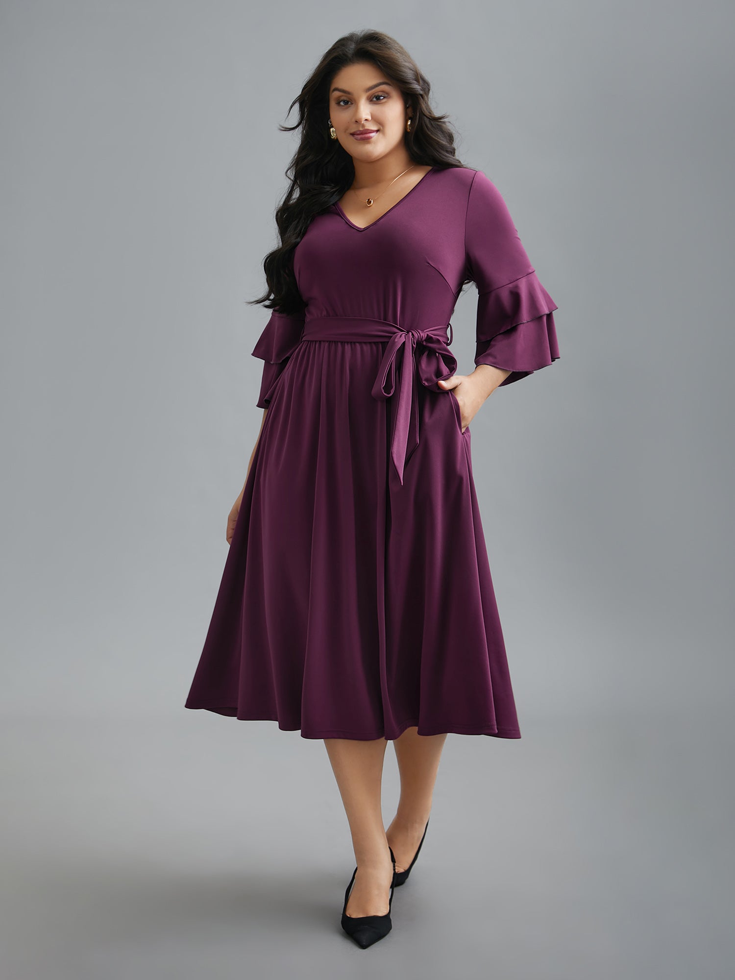 Tiered Ruffles Belted Stretchy Waist Dress