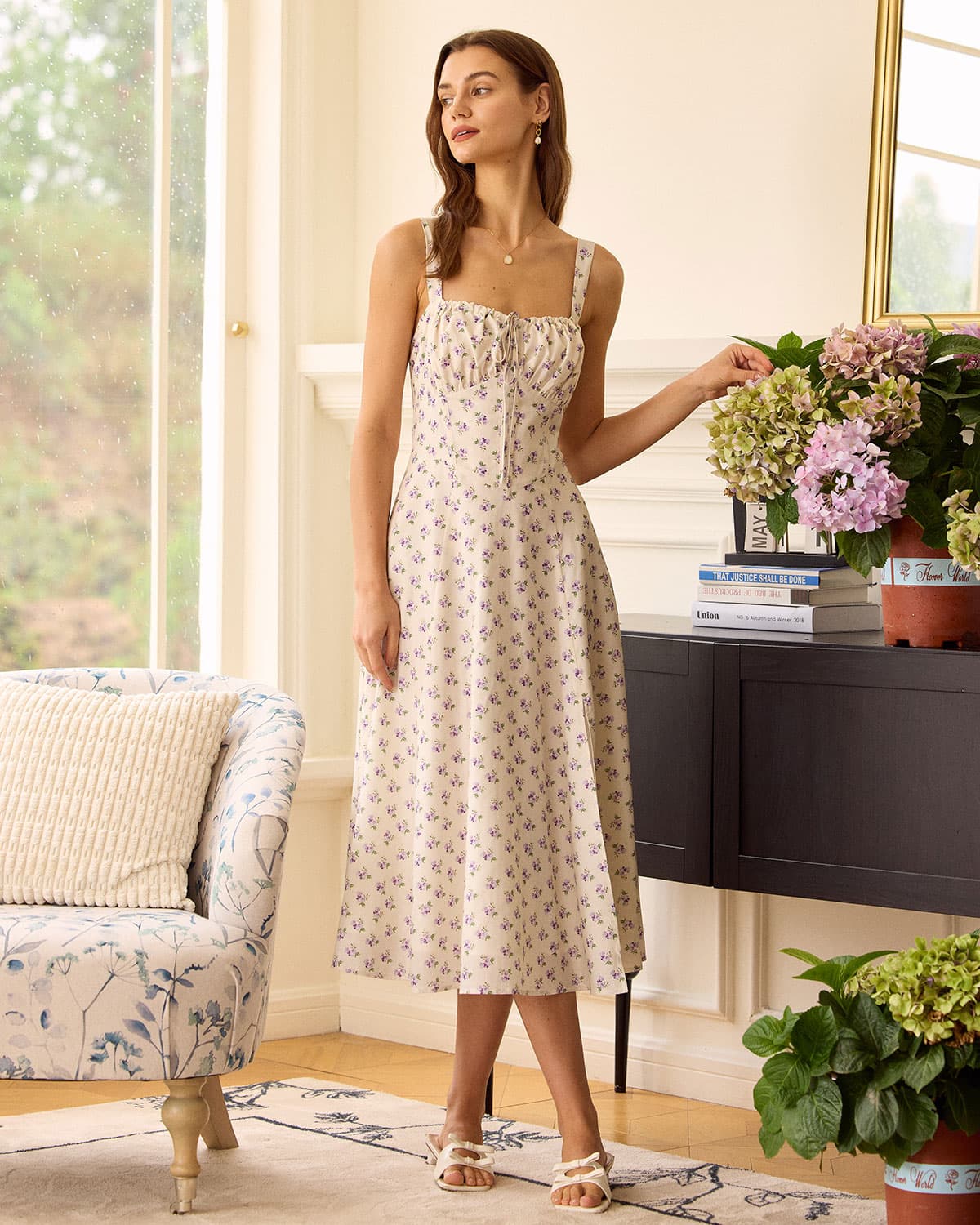 The Beige Ruched Split Hem Floral Midi Dress