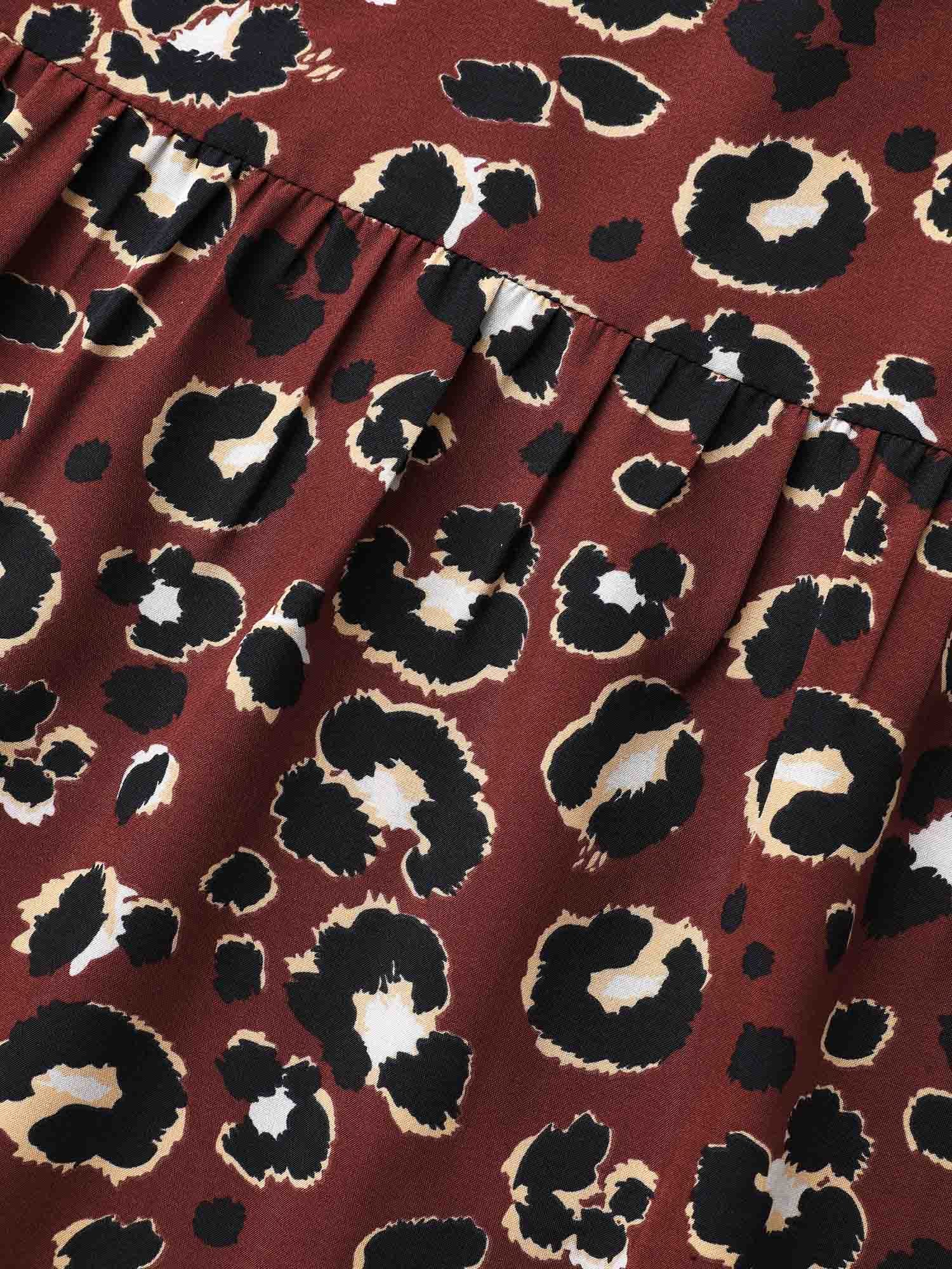 Leopard Print Mock Neck Frill Trim Dress