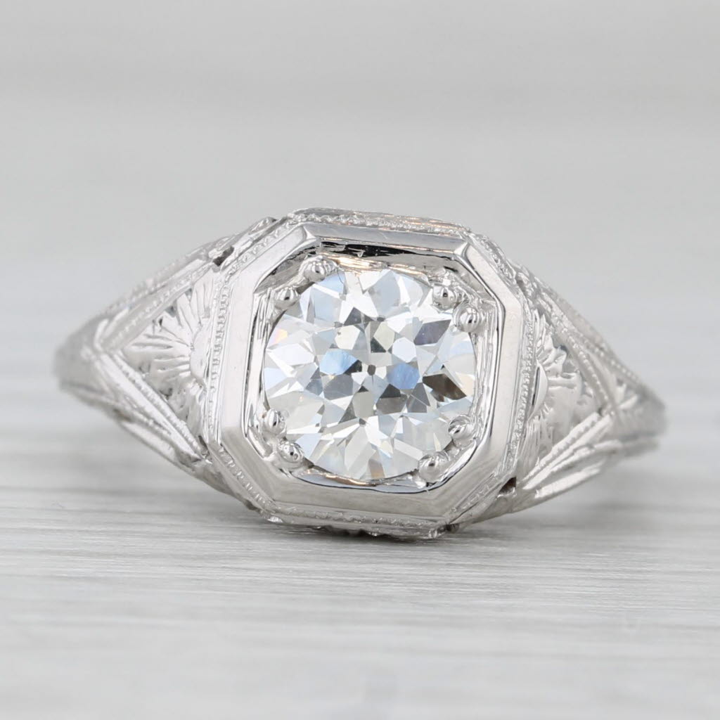 Art Deco 1.08ct Old European Diamond Engagement Ring 18k Gold Floral Sz 5.25 GIA