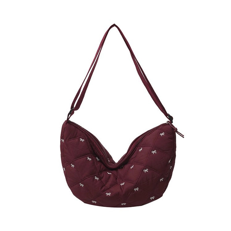 Women's Canvas Lingge Bow Knot Classic Style Dumpling Shape Zipper Shoulder Bag Crossbody Bag