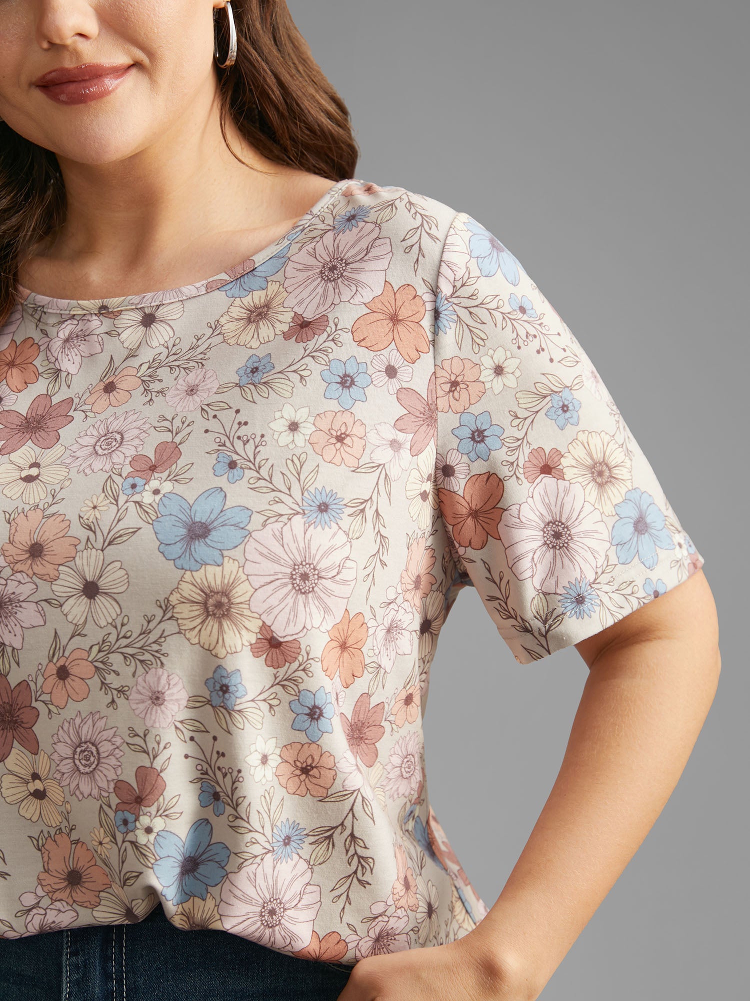 Crew Neck Floral Print Stretchy T-shirt