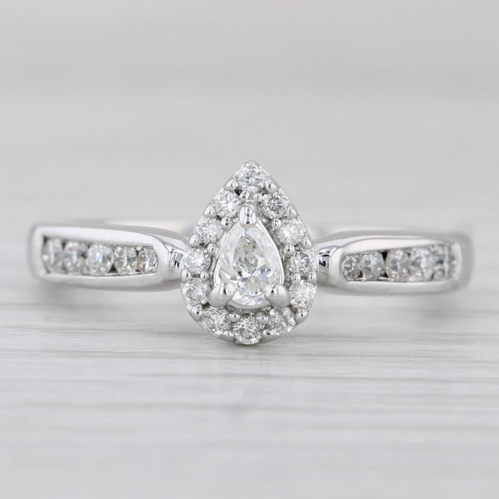 0.34ctw Pear Diamond Halo Engagement Ring 14k White Gold Size 6