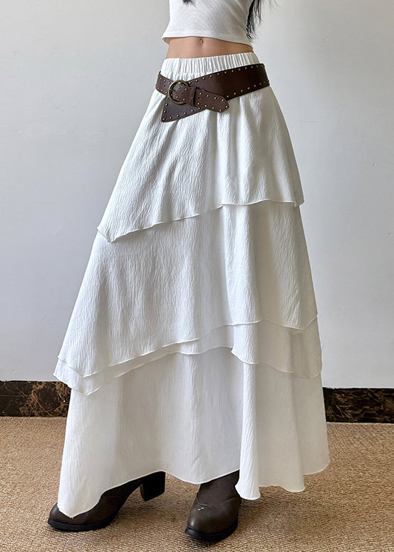 Bohemian White Layered Solid Elastic Waist Cotton Skirts Summer