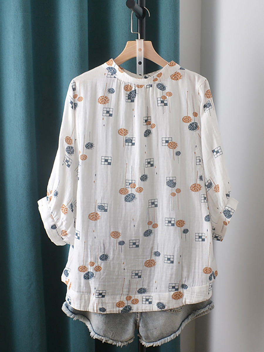 Women Summer Casual Print Stand Collar Cotton Shirt