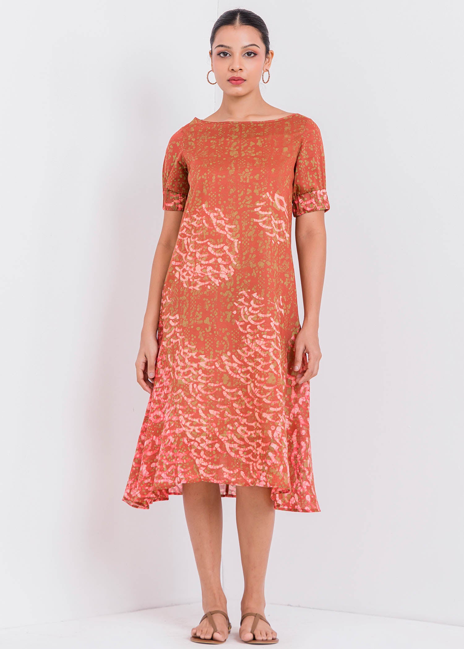 Batik Puff Sleeved Round Neck Dress