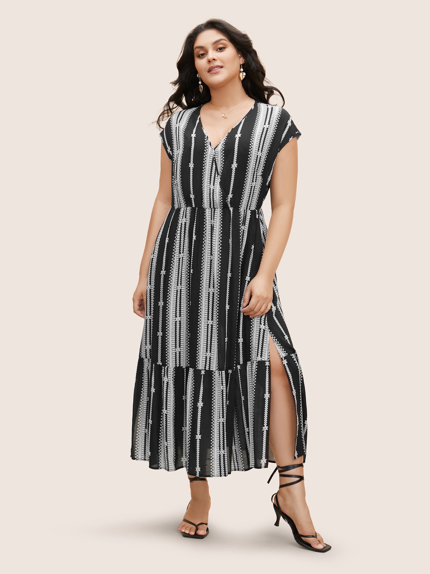 V Neck Striped Batwing Sleeve Ruffle Hem Dress