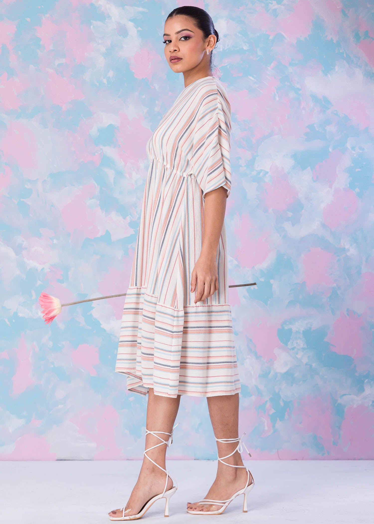 Stripe Dress With Batwing Sleeve