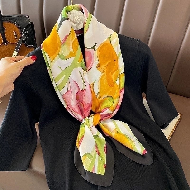 Women's Elegant Flower Satin Silk Scarf