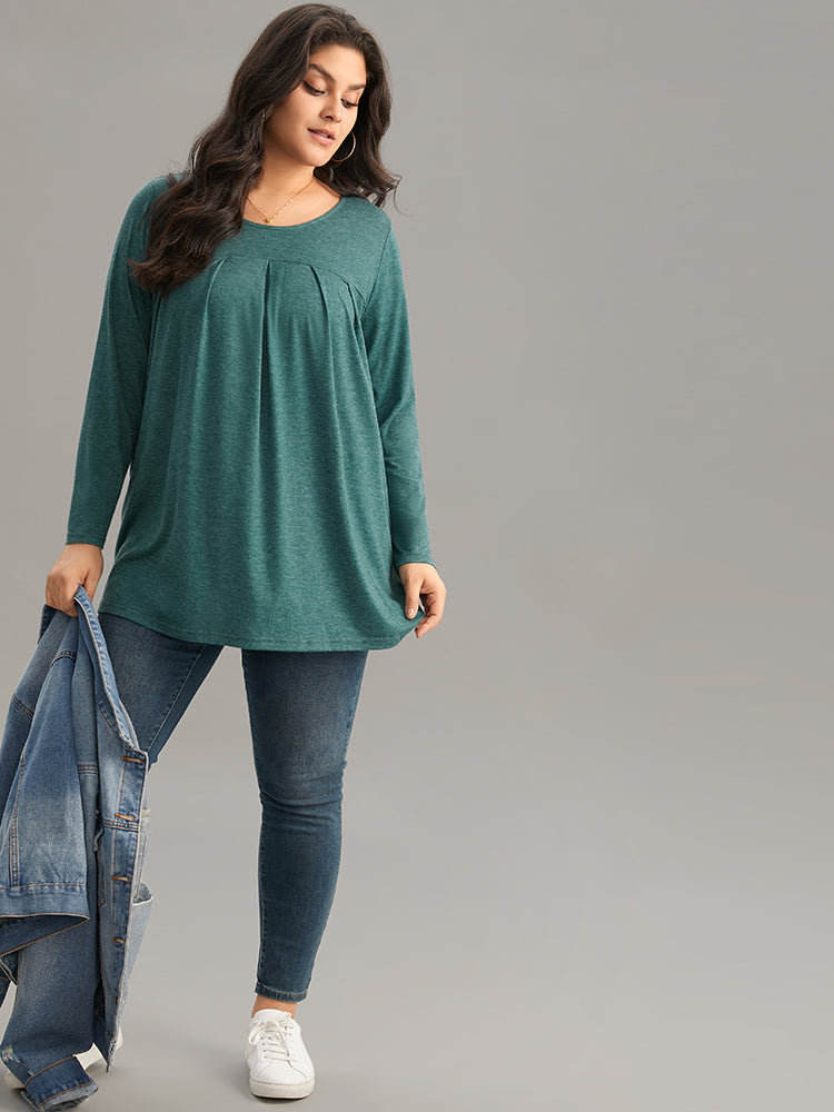 Solid Heather Round Neck Plicated Detail T-shirt