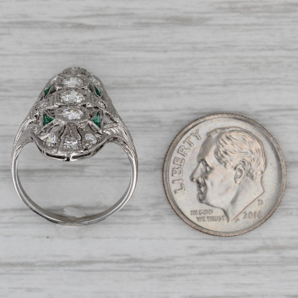 Art Deco 0.40ctw Diamond Lab Created Emerald Ring Platinum Filigree Size 6