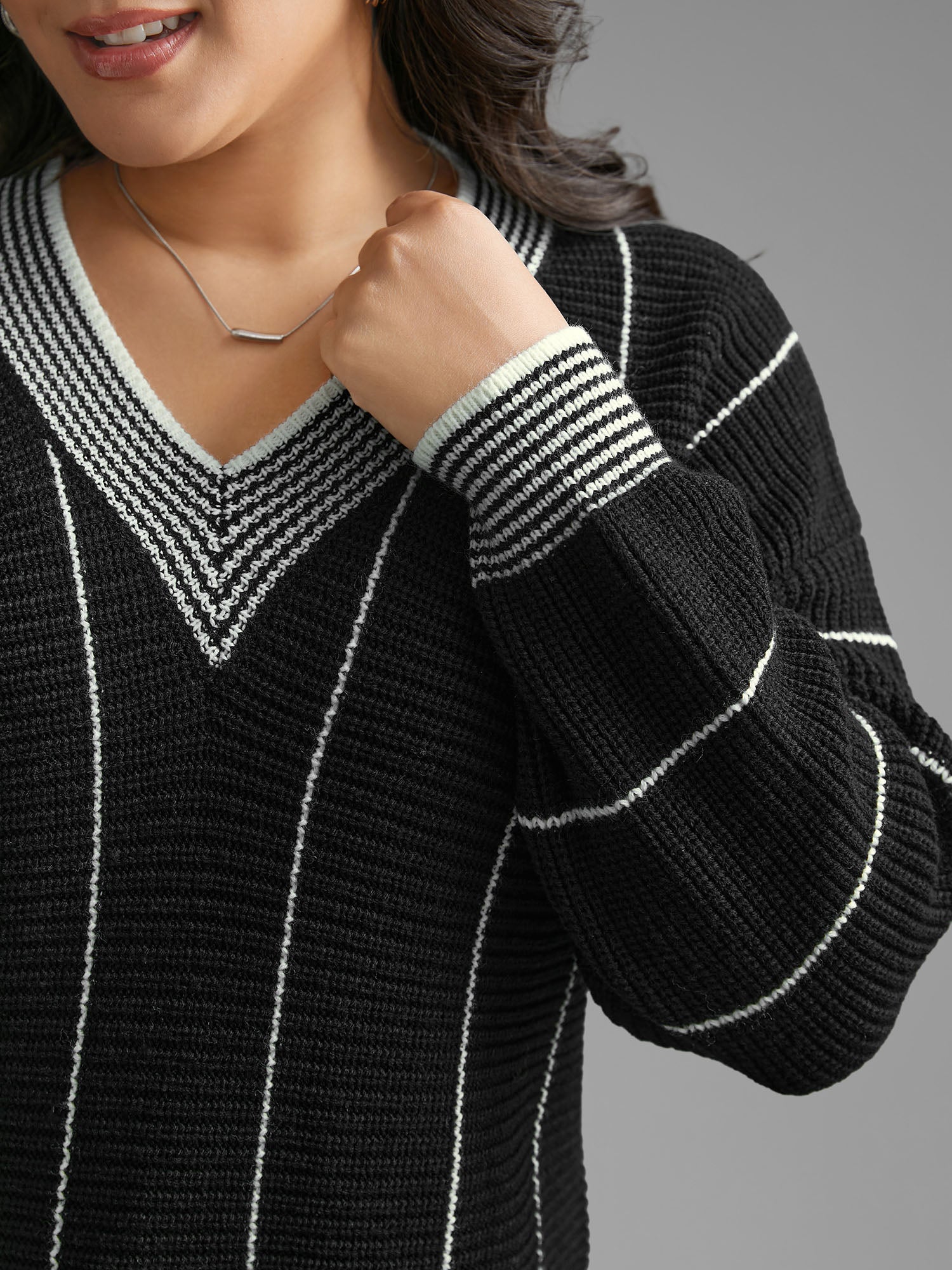 Texture Contrast Striped Lantern Sleeve Pullover