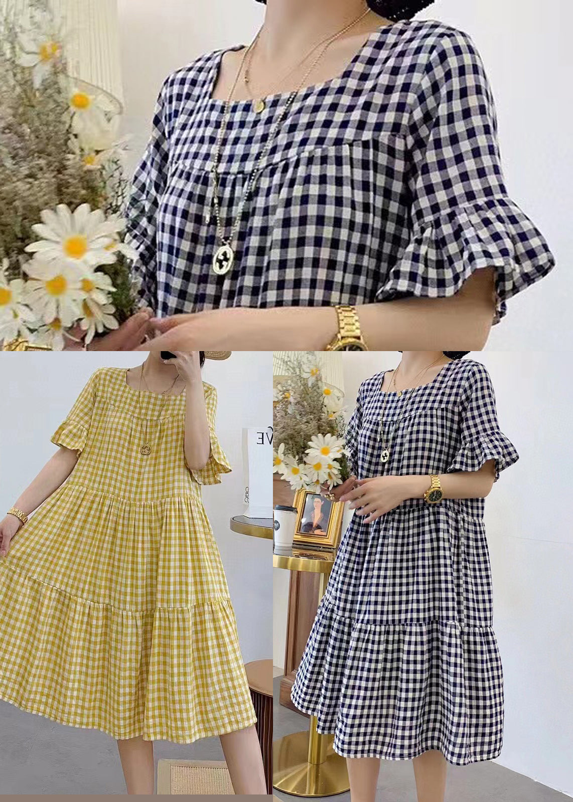 Style Grey Oversized Plaid Cotton Mid Dress Summer