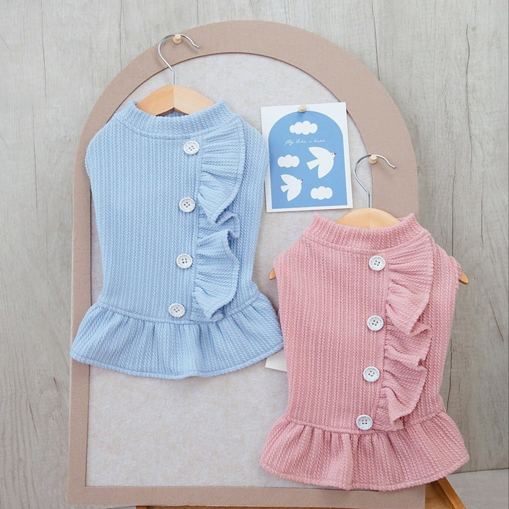 Buttoned Ruffled Knitted Dog Cat Dress