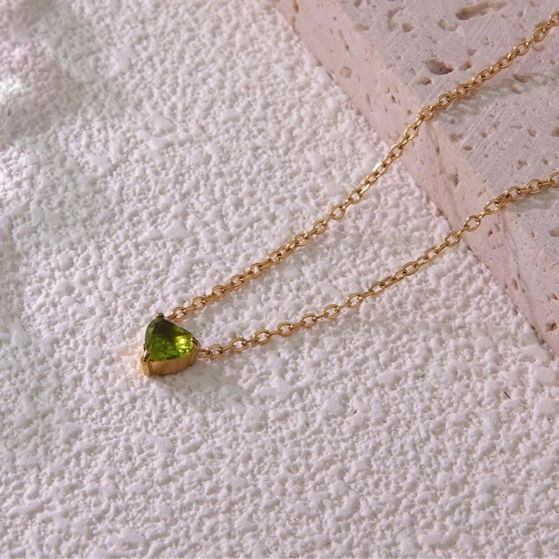 Sweet Minimalist Commute Heart Shape 304 Stainless Steel Rhinestones Birthstone 18K Gold Plated Inlay Necklace